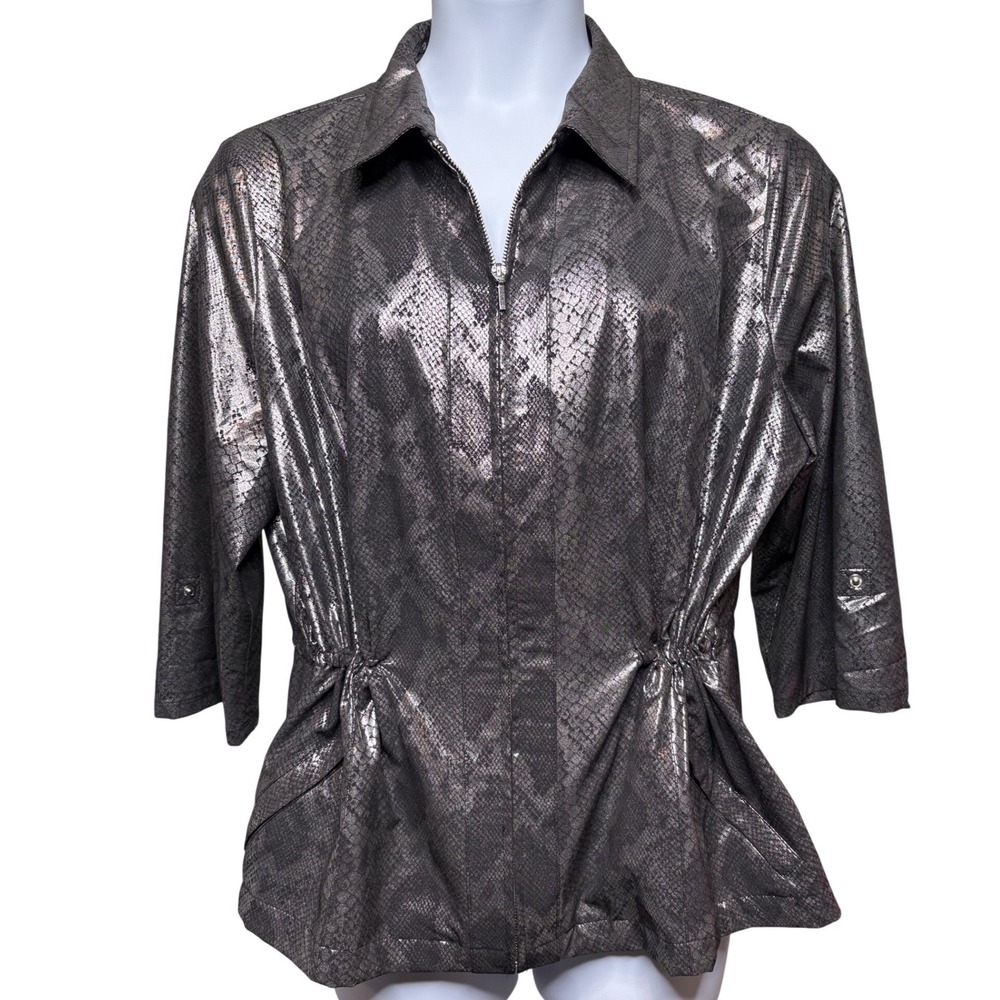 ZENERGY BY CHICO'S Womens Gray Metallic Snakeskin Zip Jacket Sz 3/XL Edgy Glam